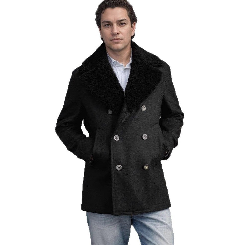 Herren elegante Wolle-Mantel mit hochgeschlossenem Fellkragen Aliams