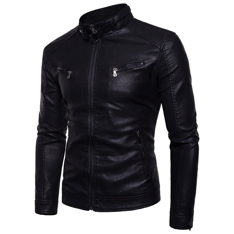 Herren elegante Kunstleder-Motorradjacke mit Stehkragen Aliams