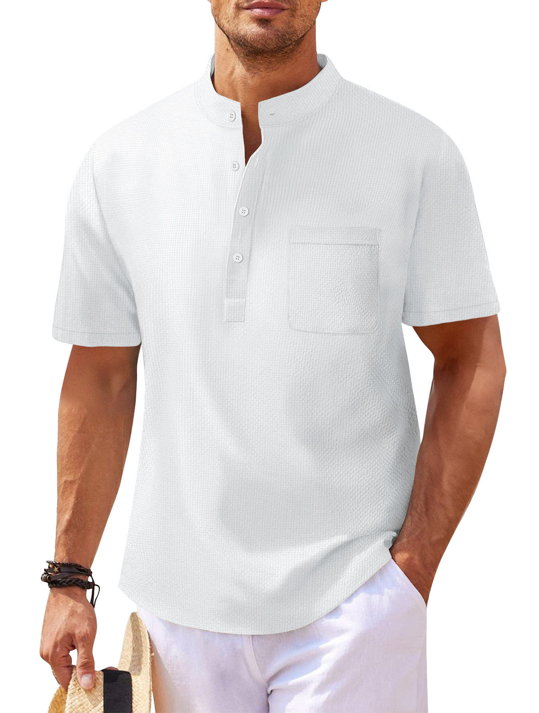 Herren Kurzarm-Henley-Shirt mit strukturiertem Design und praktischer Brusttasche Aliams
