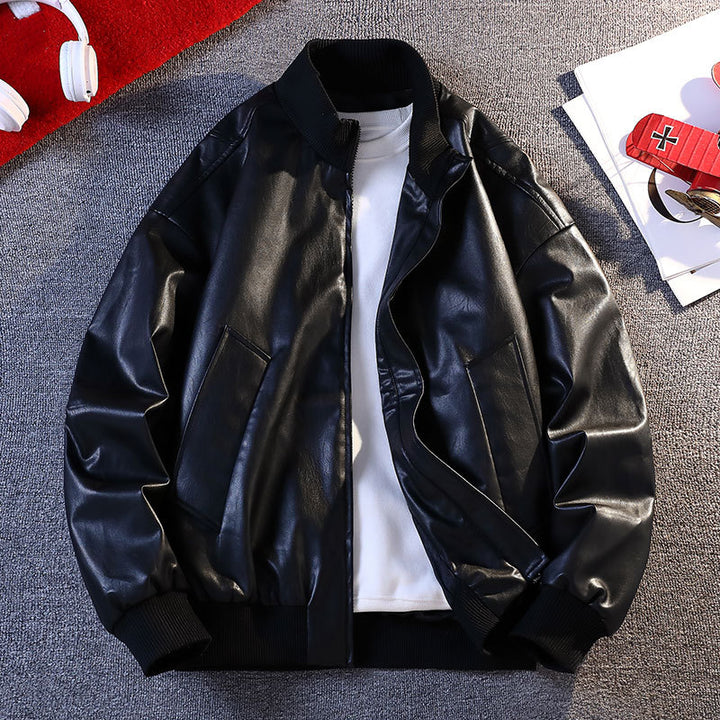 Herren Kunstleder Bomberjacke mit elastischen Rippbündchen und praktischen Taschen Aliams
