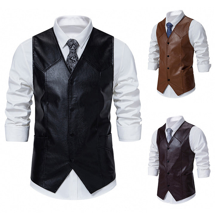 Herren elegante Kunstlederweste mit klassischen Taschen Aliams