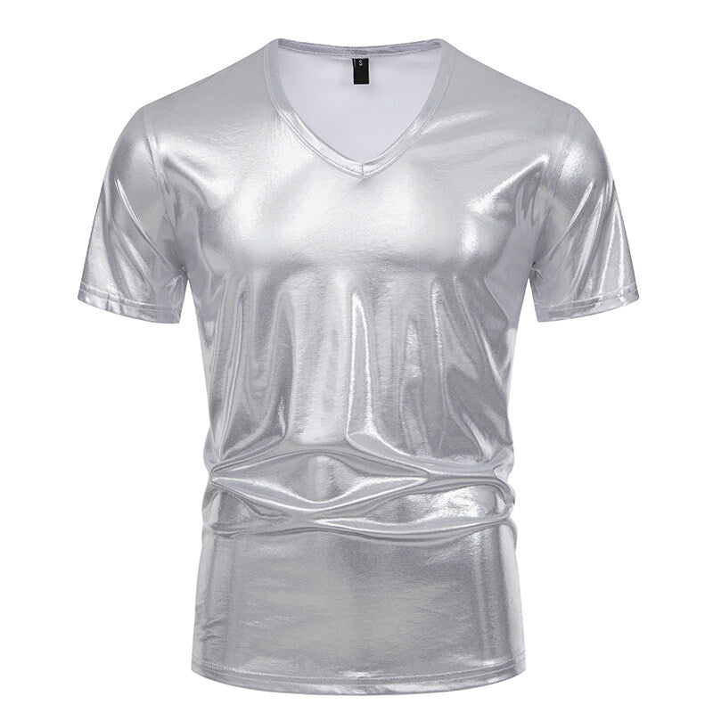 Herren V-Ausschnitt T-Shirt aus glänzendem Material mit persönlichem Stil Aliams