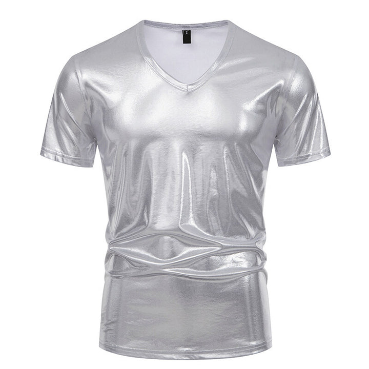 Herren V-Ausschnitt T-Shirt aus glänzendem Material mit persönlichem Stil Aliams