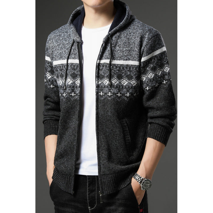Herren gemusterte Strickjacke mit Kapuze und komfortablem Schnitt Aliams