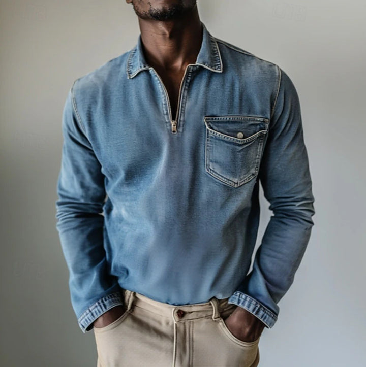 Herren Jeanshemd mit kurzem Reißverschluss und Brusttasche Aliams