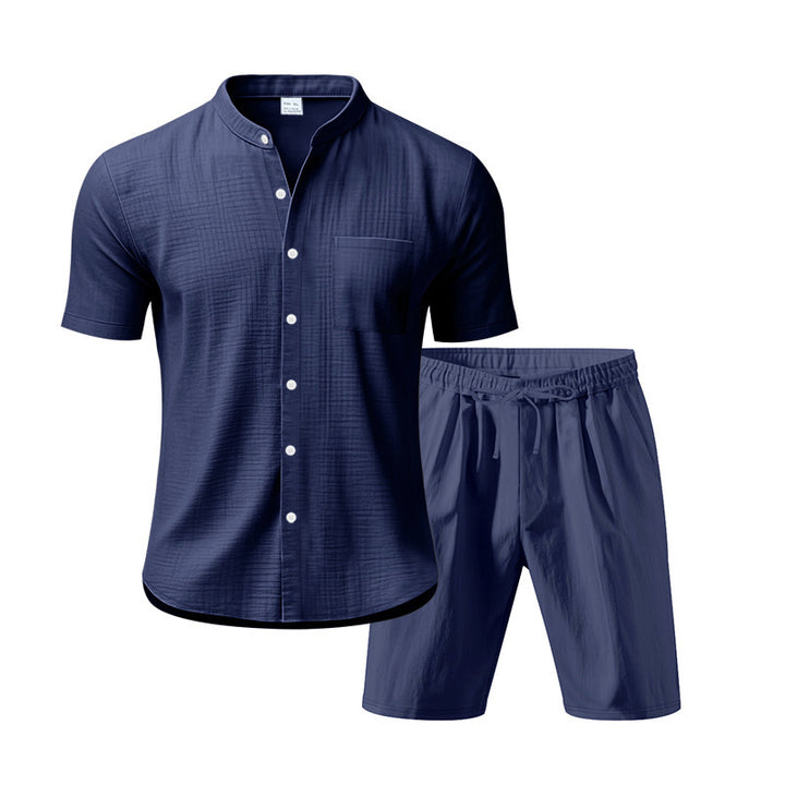 Herren Freizeit Outfit mit kurzärmligem Button-Down-Hemd und elastischen Shorts Aliams