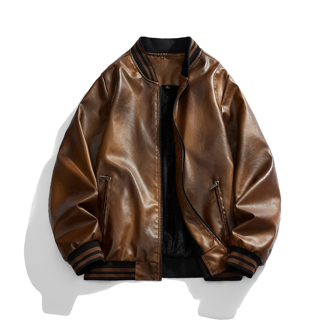 Herren klassische Lederjacke mit elastischen Rippbündchen Aliams