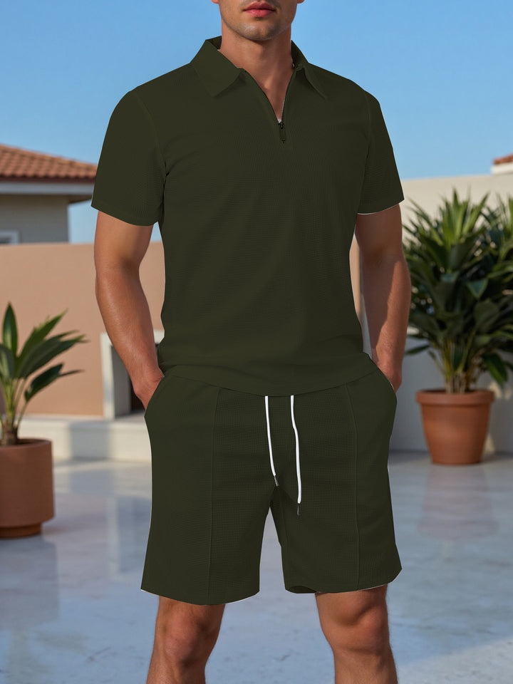Herren Sportliches Kurzarm Polo mit Zip und Passenden Shorts Aliams