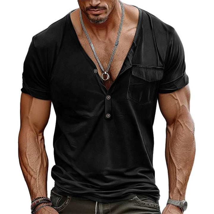 Herren V-Ausschnitt Henley-T-Shirt mit Brusttasche und atmungsaktiver Baumwolle Aliams