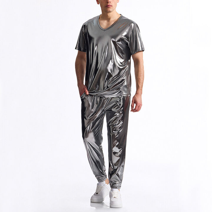 Herren glänzendes Sport-Outfit mit modernem V-Ausschnitt und elastischem Bund Aliams