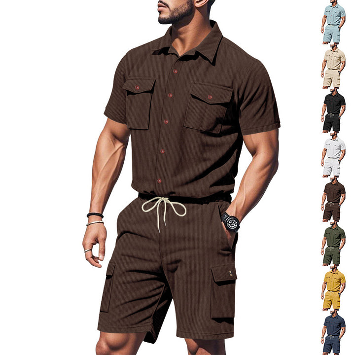 Herren modisches Kurzarm-Hemden- und Cargo-Shorts-Set mit praktischen Taschen und elastischem Bund Aliams