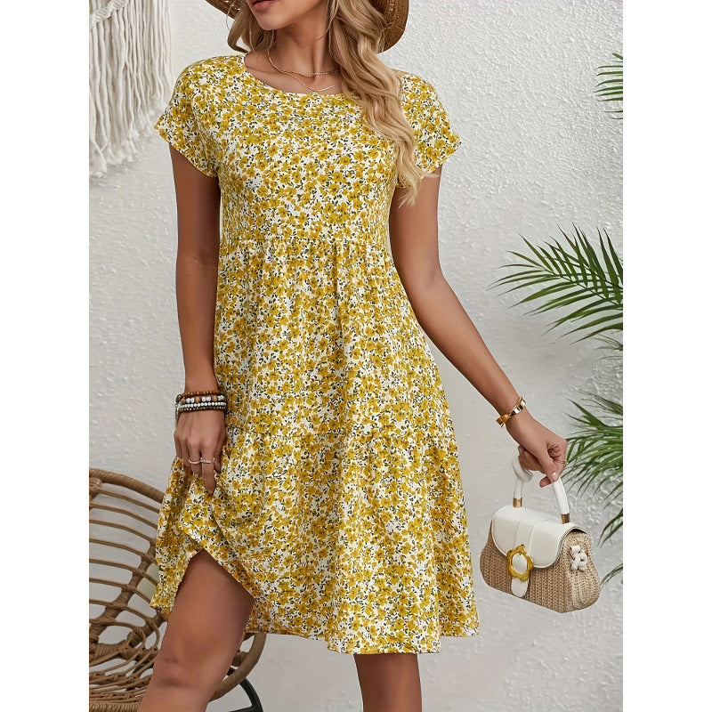 Frauen Blumenmuster A-Linien Kleid Aliams