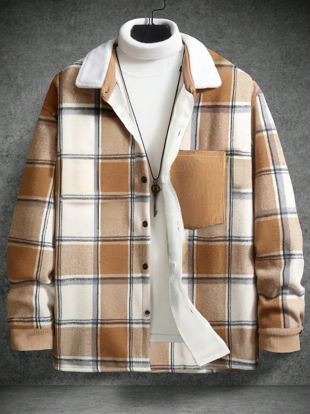 Herren Baumwoll-Flanelljacke mit kariertem Muster und Taschen Aliams