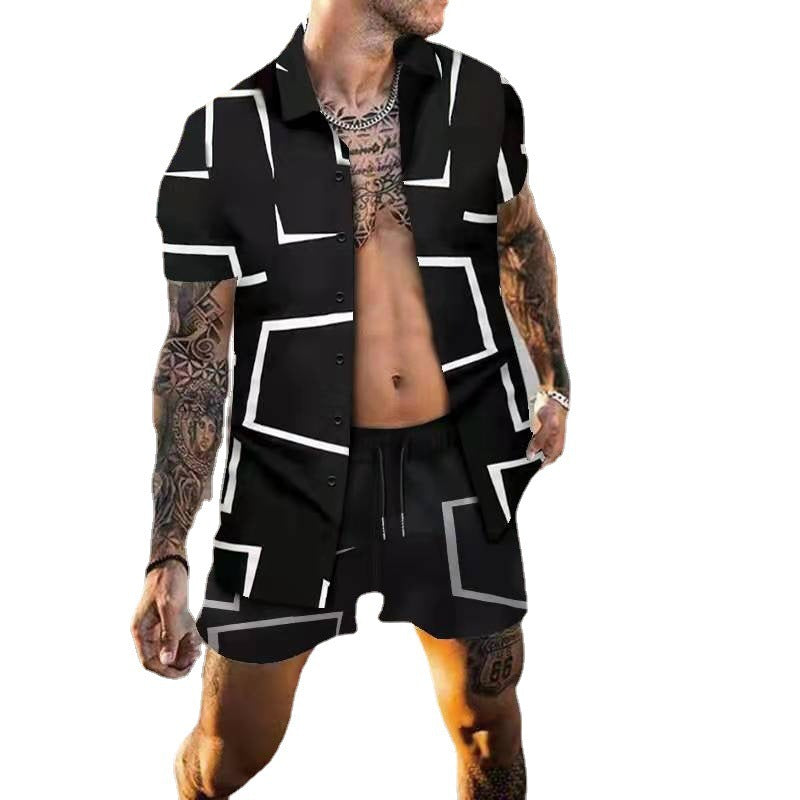Herren Kurzarm Grafikdruck Sommer Hemd und Shorts Set Aliams