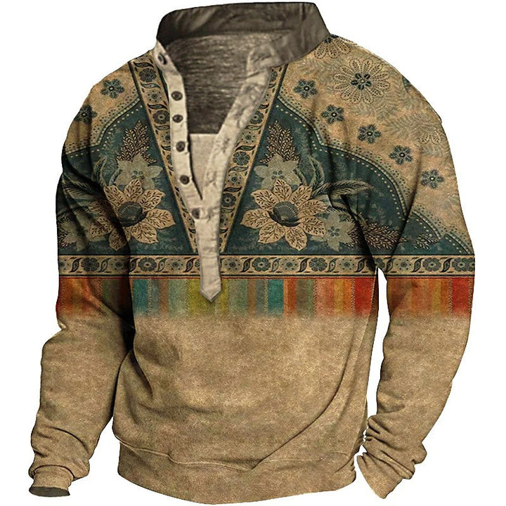 Herren Fleece-Pullover mit einzigartigem Ethno-Muster und praktischen Knopfdetails Aliams