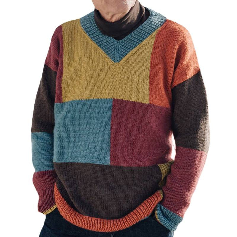 Herren gemusterter Pullover mit Farbblockdesign und modernem V-Ausschnitt Aliams