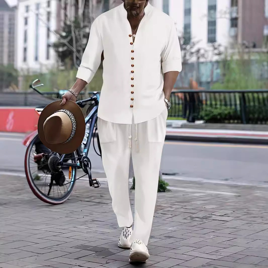 Herren Freizeit-Button-Up-Hemd und entspannt geschnittene Hose Set Aliams