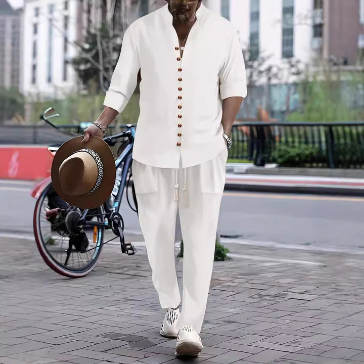 Herren Freizeit-Button-Up-Hemd und entspannt geschnittene Hose Set Aliams