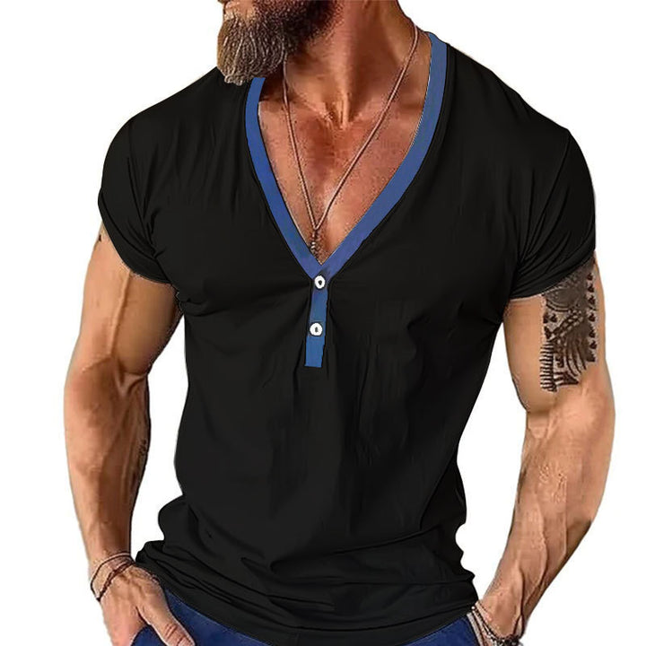 Herren Kurzarm Henley T-Shirt mit stylischem Kragen und zwei Knöpfen Aliams