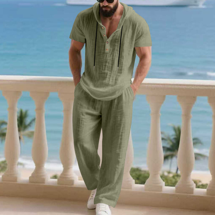 Herren komfortables Freizeit-Set mit modischem Henley-Oberteil und lockeren Hosen Aliams