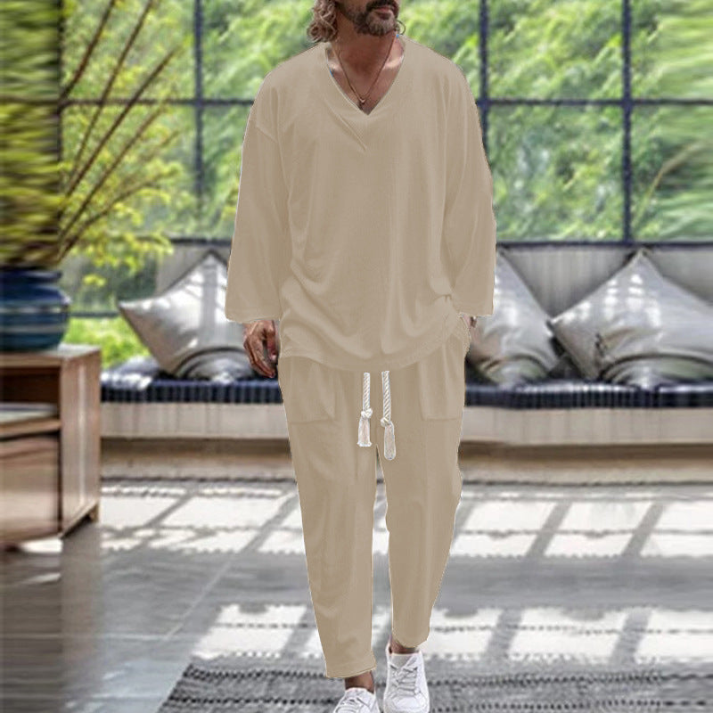 Herren gemütliches Lounge-Set mit V-Ausschnitt und praktischen Taschen Aliams