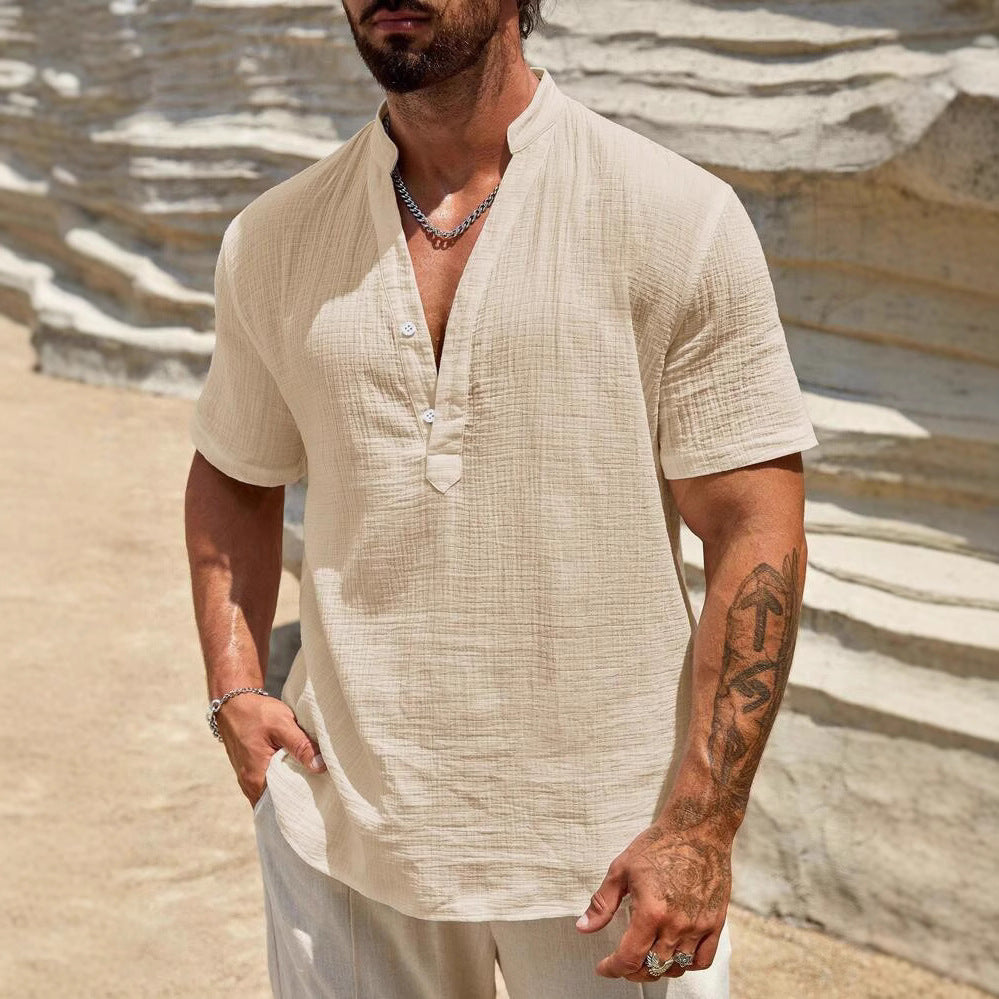 Herren Kurzarm Hemd mit modernem Stehkragen und strukturiertem Stoff Aliams