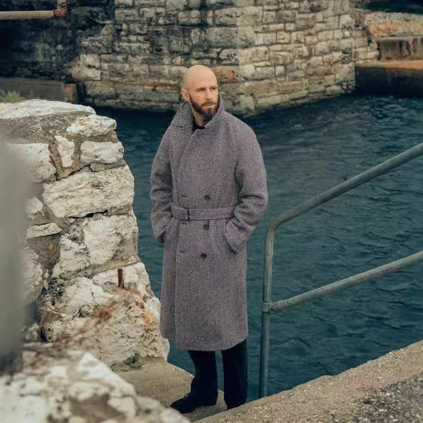 Herren eleganter Wollmantel mit Fischgrätmuster Aliams