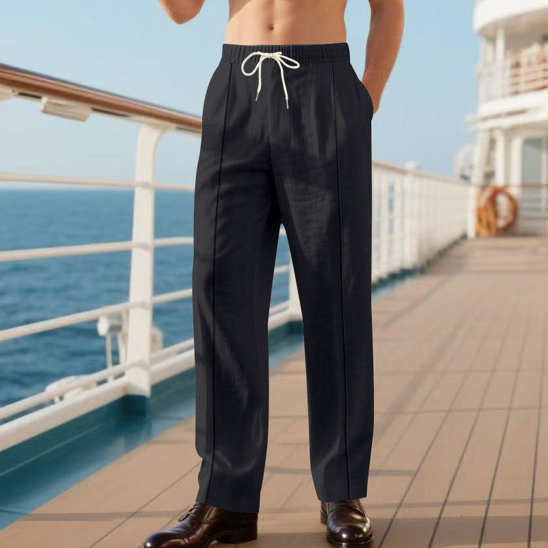 Herren elegante Leinenhose mit elastischem Bund und seitlichen Taschen Aliams