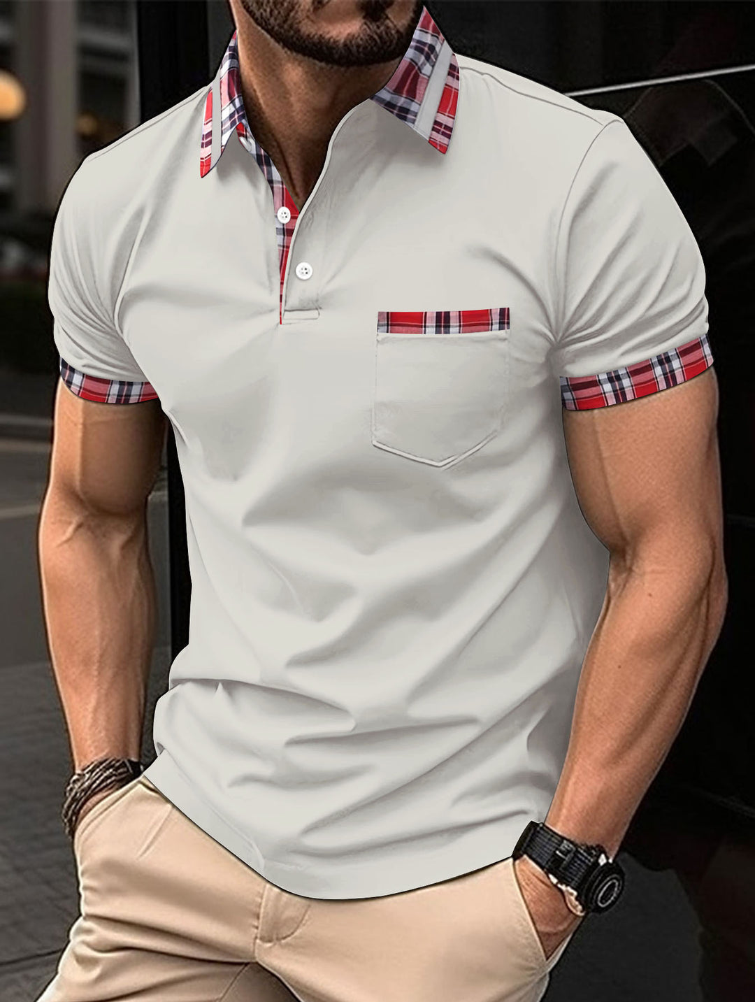 Herren Kurzarm-Casual-Polo mit markanten Karodetails Aliams