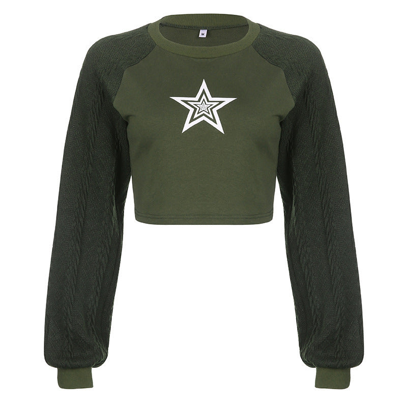 Damen Cropped Pullover mit grafischem Sternenmotiv und strukturiertem Armdesign Aliams