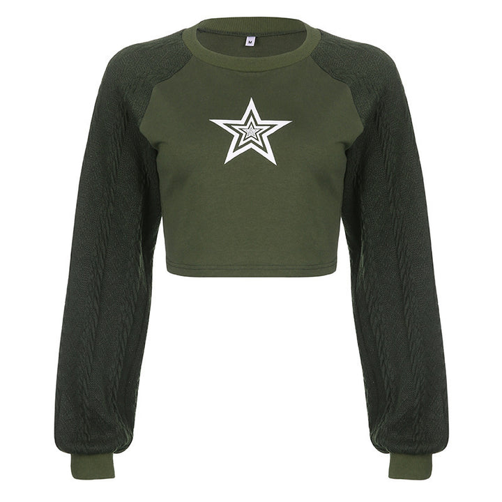 Damen Cropped Pullover mit grafischem Sternenmotiv und strukturiertem Armdesign Aliams
