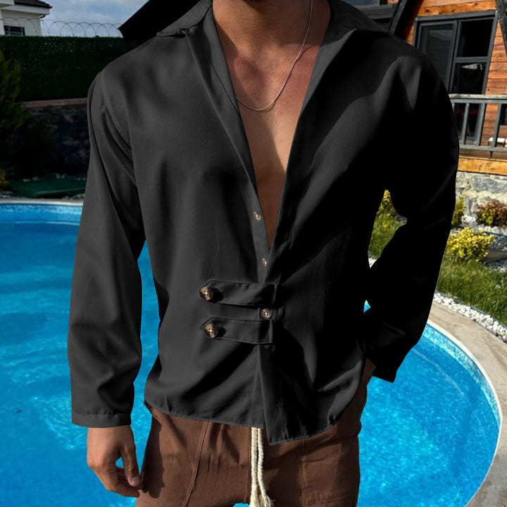 Herren Elegante Langarmbluse mit einzigartiger Knopfleiste und schickem Stehkragen Aliams