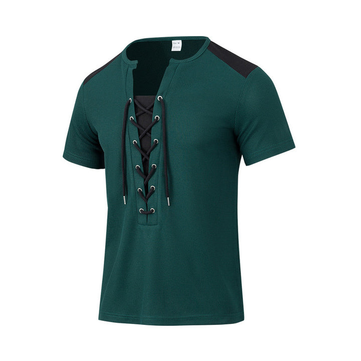 Herren Kurzarm-Henley-T-Shirt mit dekorativen Schnürdetails und atmungsaktiver Struktur Aliams
