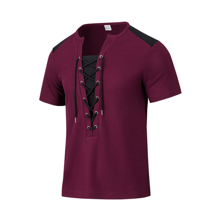 Herren Kurzarm-Henley-T-Shirt mit dekorativen Schnürdetails und atmungsaktiver Struktur Aliams