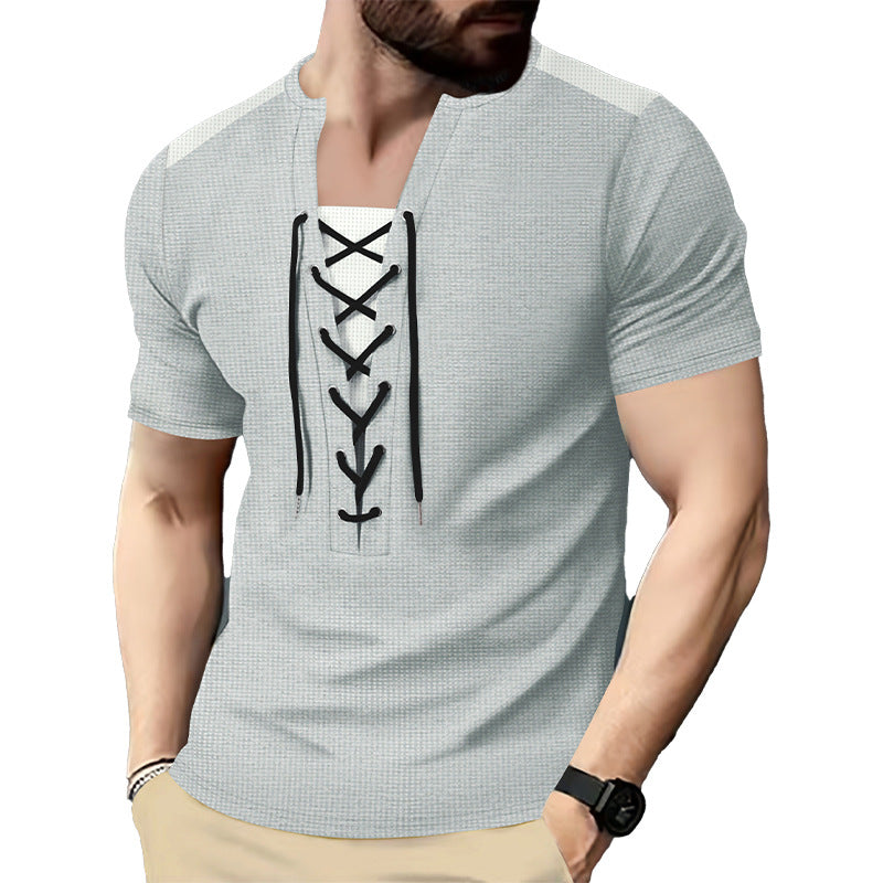 Herren Kurzarm-Henley-Oberteil mit einzigartigem Schnürdesign Aliams