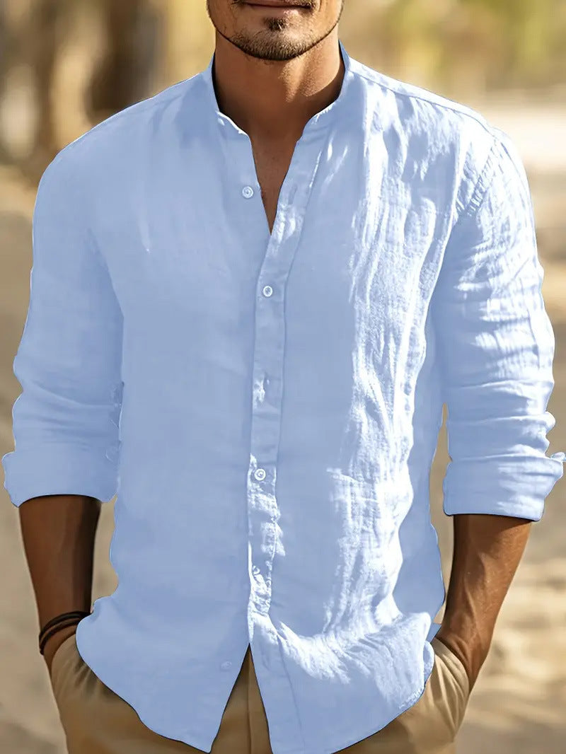 Herren leichtes Leinenhemd mit modernem Stehkragen Aliams