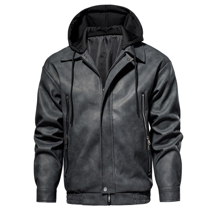 Herren Kunstlederjacke mit abnehmbarer Kapuze und elastischem Bund Aliams
