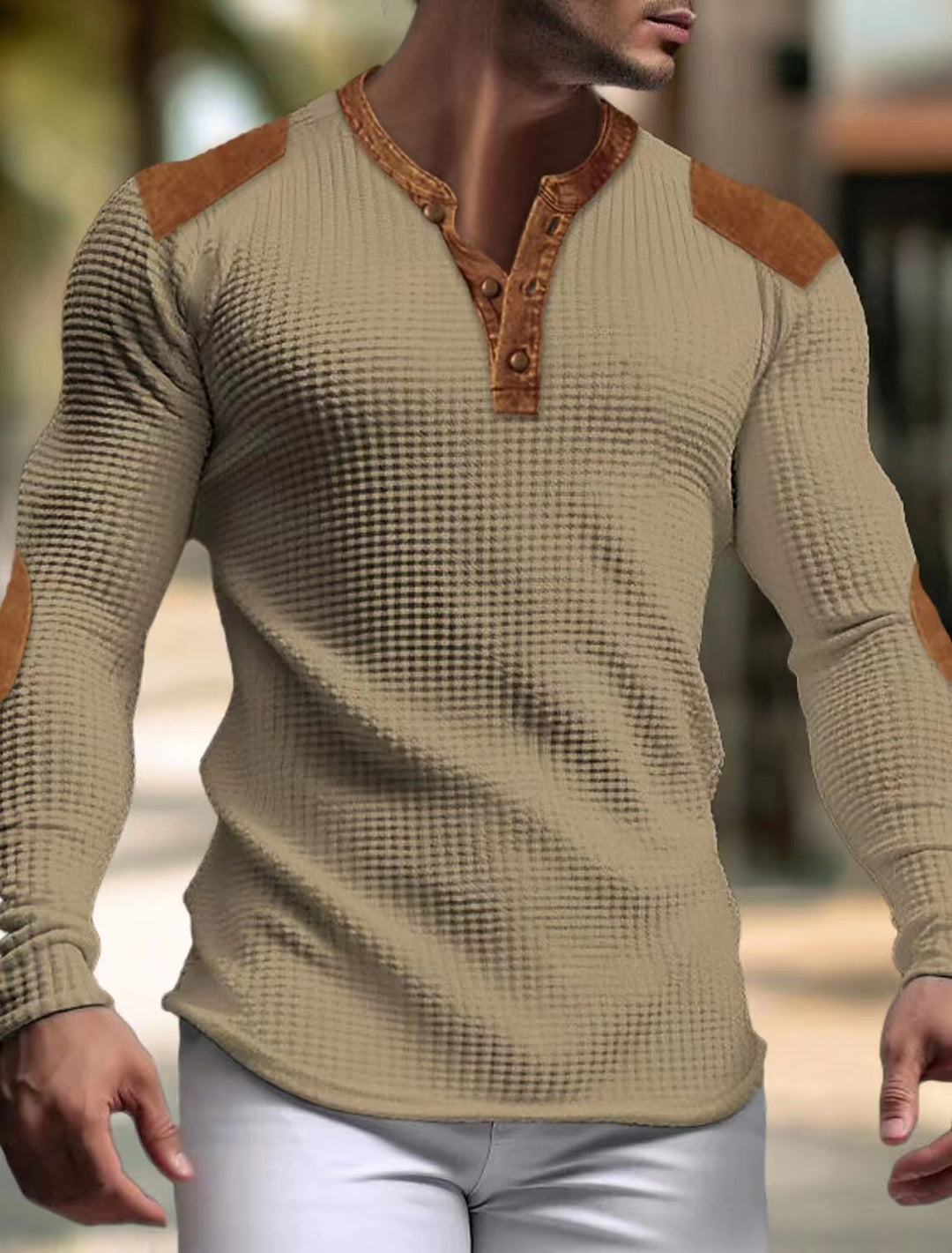 Herren strukturiertes Langarmshirt mit modischen Lederapplikationen Aliams