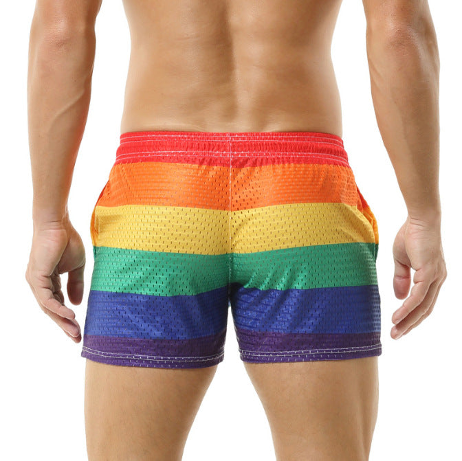 Herren Badeshorts mit atmungsaktivem Netzmaterial und buntem Regenbogenmuster Aliams