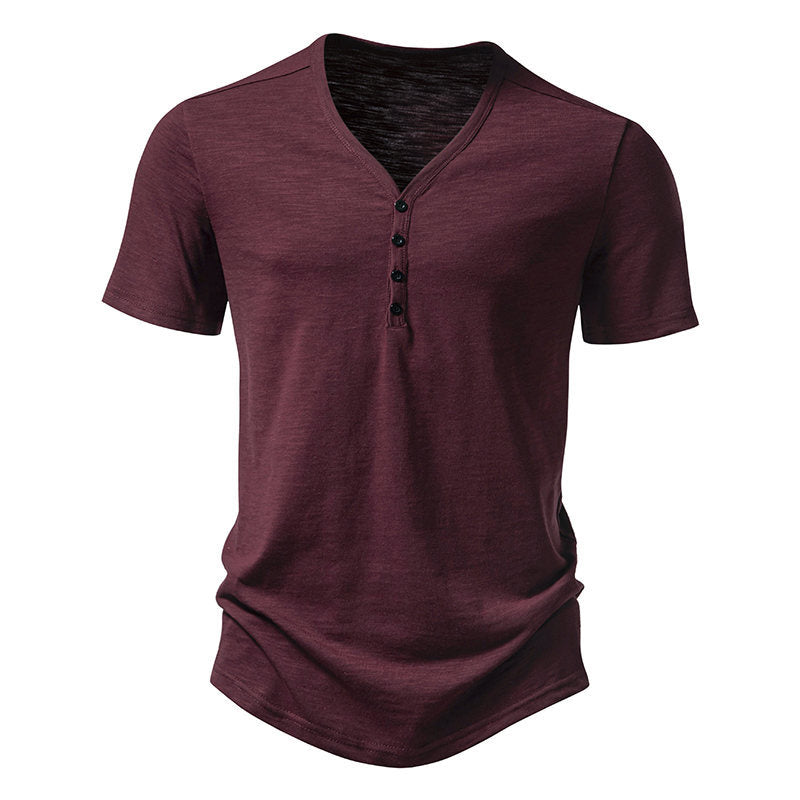 Herren Kurzarm-Henley-Shirt mit V-Ausschnitt und Knopfleiste Aliams