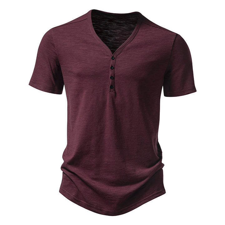Herren Kurzarm-Henley-Shirt mit V-Ausschnitt und Knopfleiste Aliams