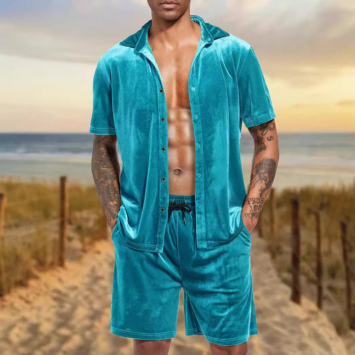 Herren Kurzarm-Hemd und Shorts-Set aus luxuriösem Samt Aliams