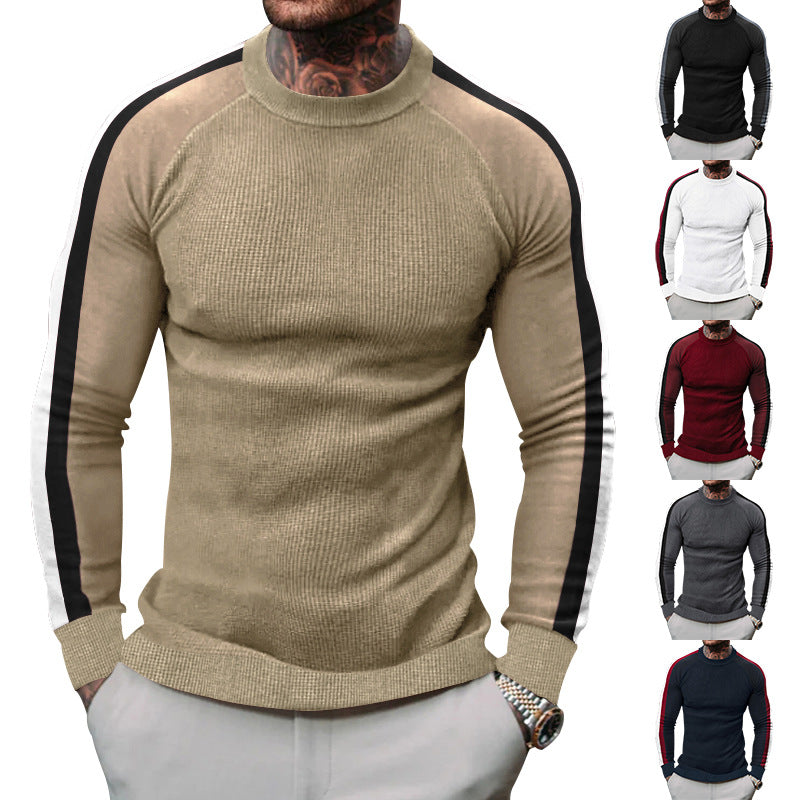 Herren sportlicher Strickpullover mit kontrastierenden Ärmeln und hohem Kragen Aliams