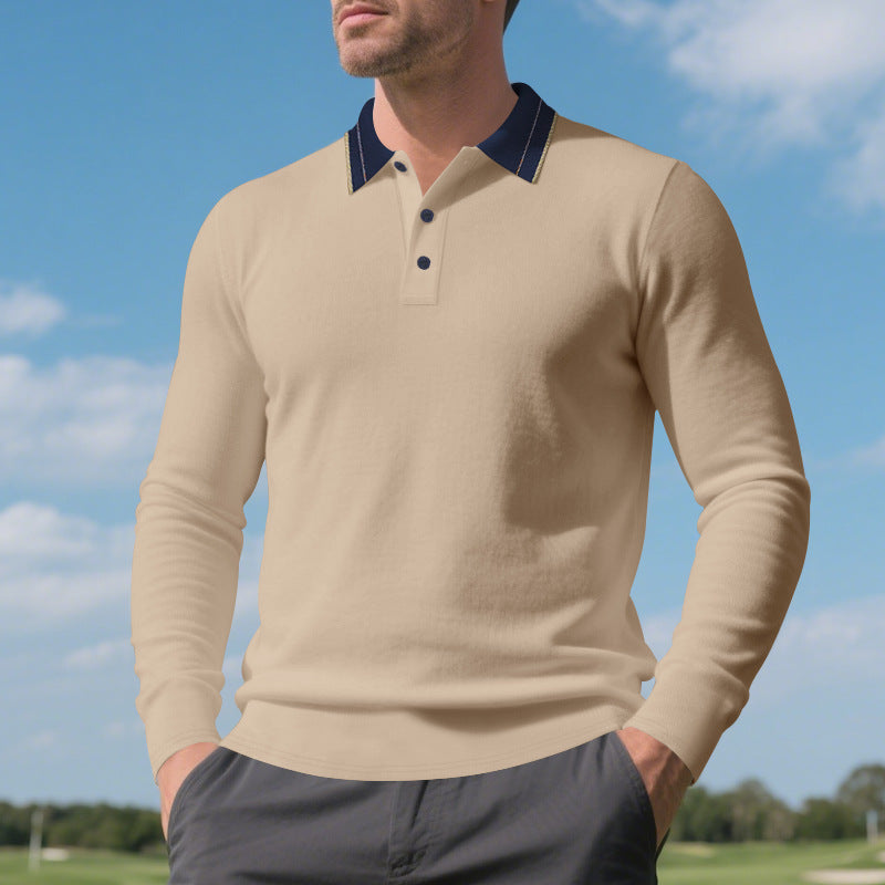 Herren elegantes Langarm-Polohemd mit kontrastierendem Kragen und modischen Knopfdetails Aliams