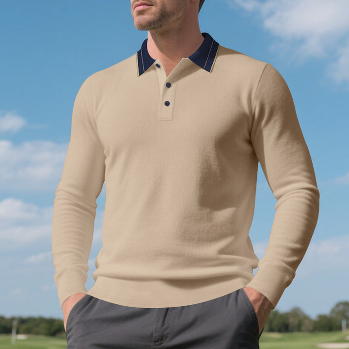 Herren elegantes Langarm-Polohemd mit kontrastierendem Kragen und modischen Knopfdetails Aliams