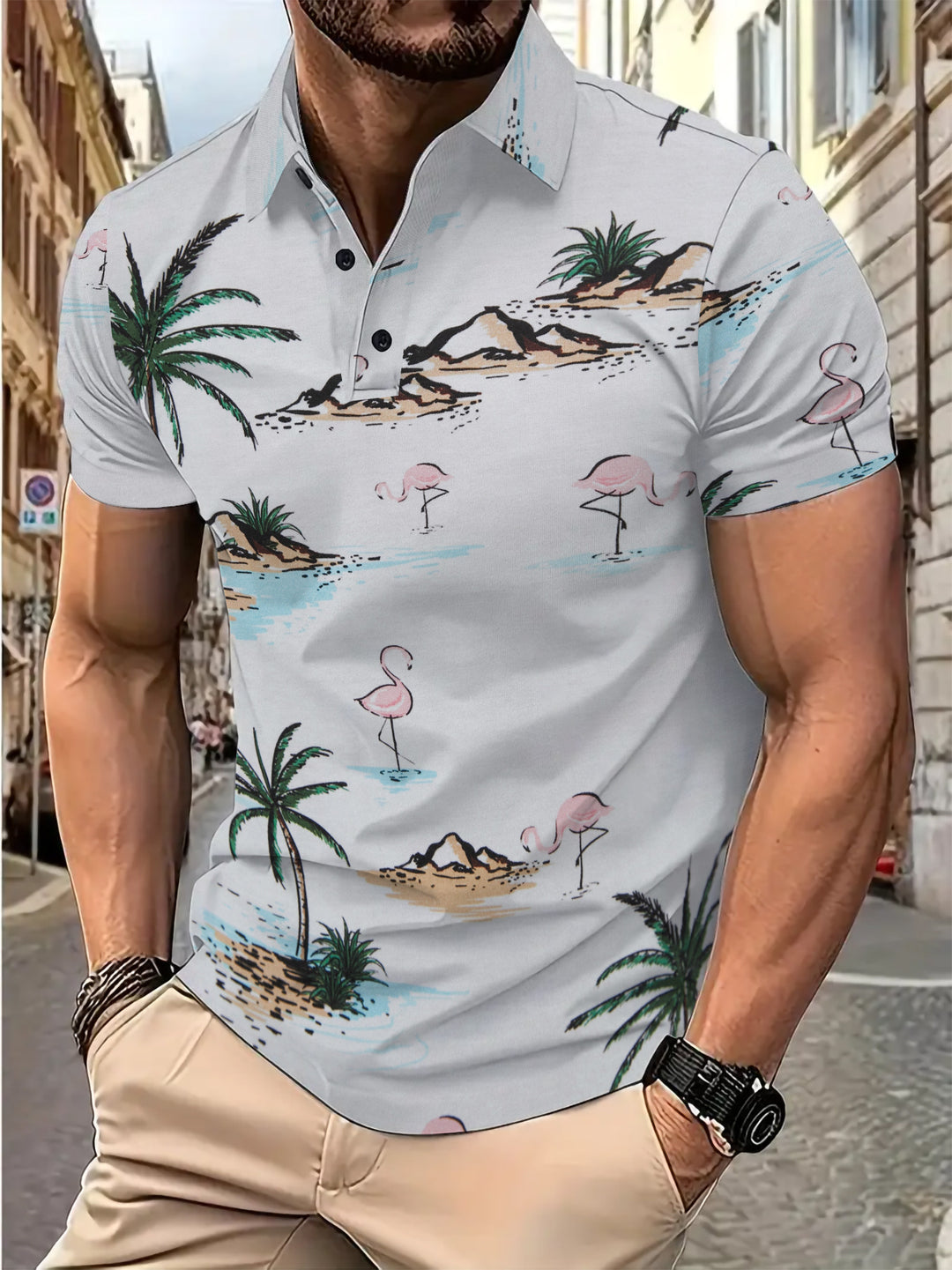 Herren Poloshirt mit tropischem Motiv und modernem Schnitt Aliams