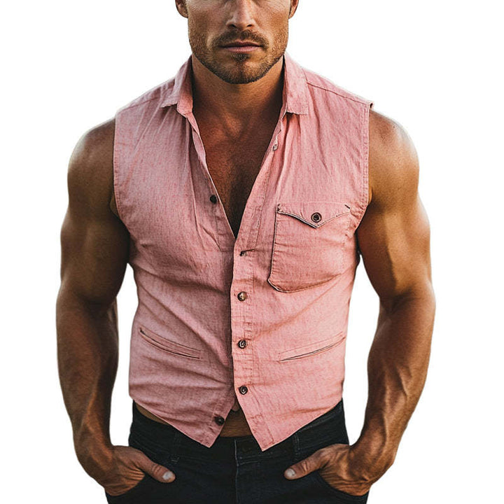 Herren ärmellose Sommerhemd aus leichtem Leinenstoff mit praktischen Taschen Aliams