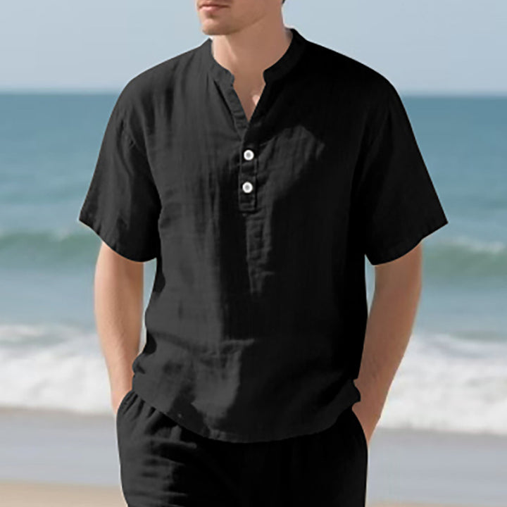 Herren Kurzarm-Henley-Shirt aus leichtem Leinenstoff mit praktischer Knopfleiste Aliams