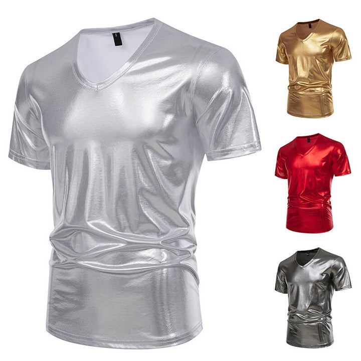 Herren V-Ausschnitt T-Shirt aus glänzendem Material mit persönlichem Stil Aliams