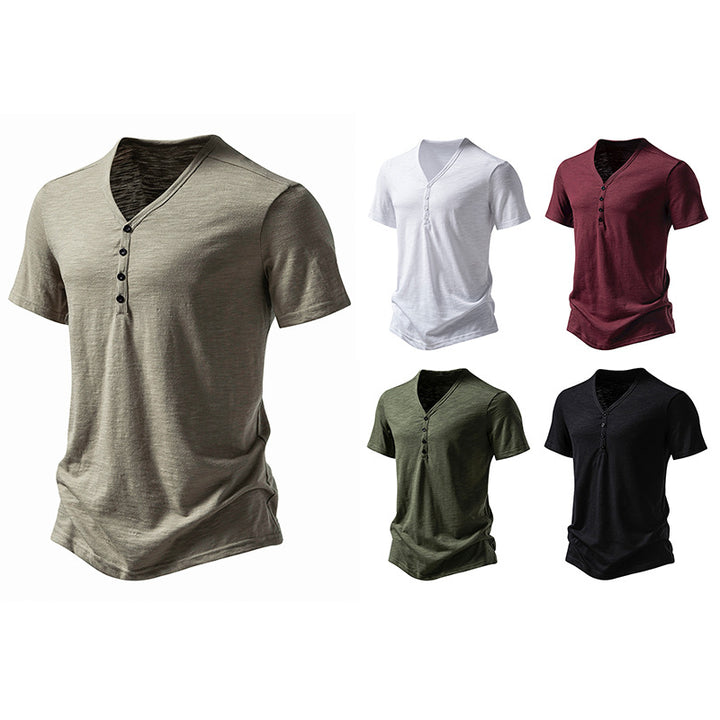 Herren Kurzarm-Henley-Shirt mit V-Ausschnitt und Knopfleiste Aliams